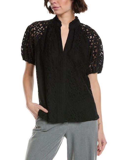 Cece Black Ruffle Neck Raglan Seam Split Neck Blouse
