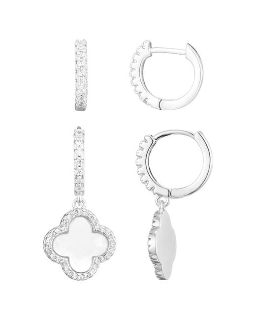 Adornia White Plated Cz Halo Clover Huggie Earrings Set