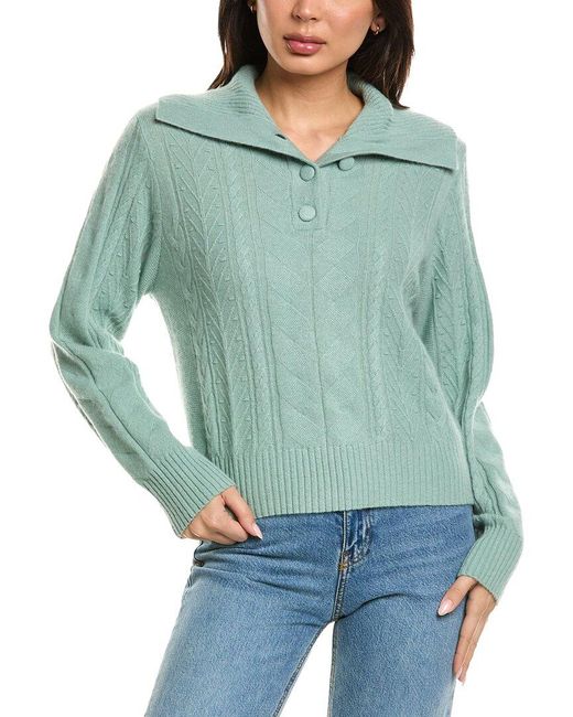 Brodie Cashmere Green Mixed Cable Collared Button Up Cashmere Polo Sweater