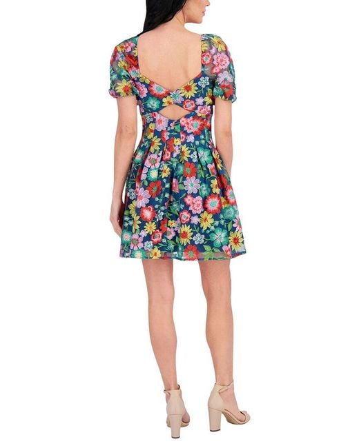 Kensie Blue Embroidered Mesh Mini Dress