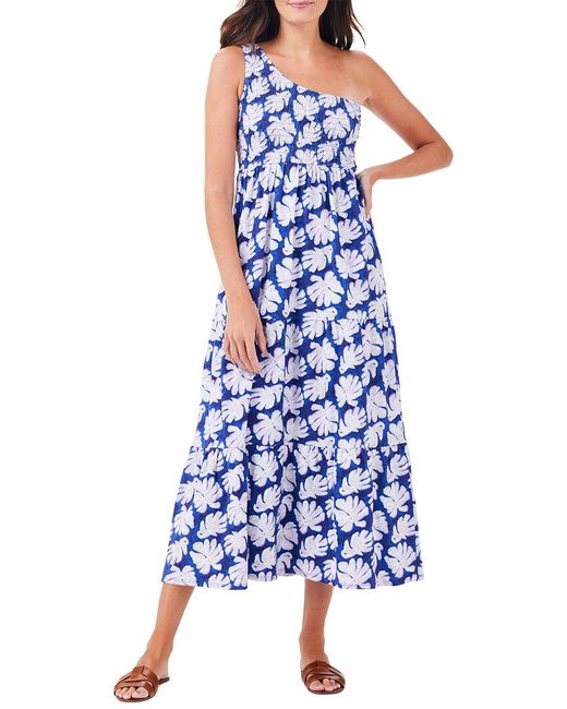 NIC+ZOE Blue Shadow Palm One Shoulder Smocked Dress