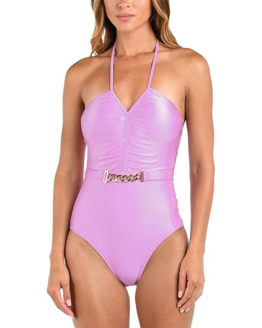 L'Agence Purple Leila Shimmer Halter One-Piece