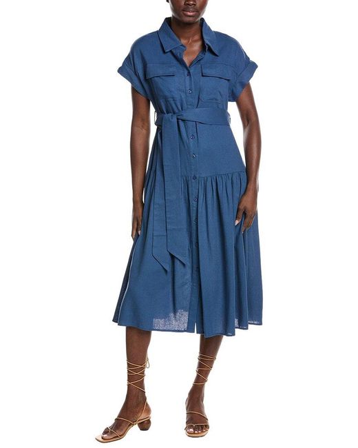Gracia Blue Cap Sleeve Linen-Blend Shirtdress