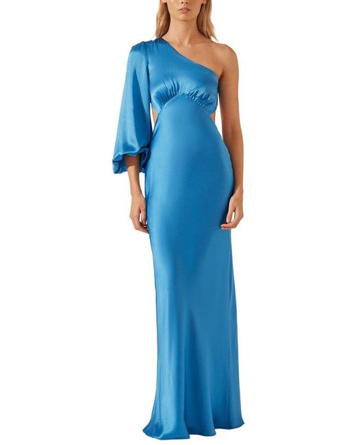 Shona Joy Blue Ciel Silk One Shoulder Maxi Dress