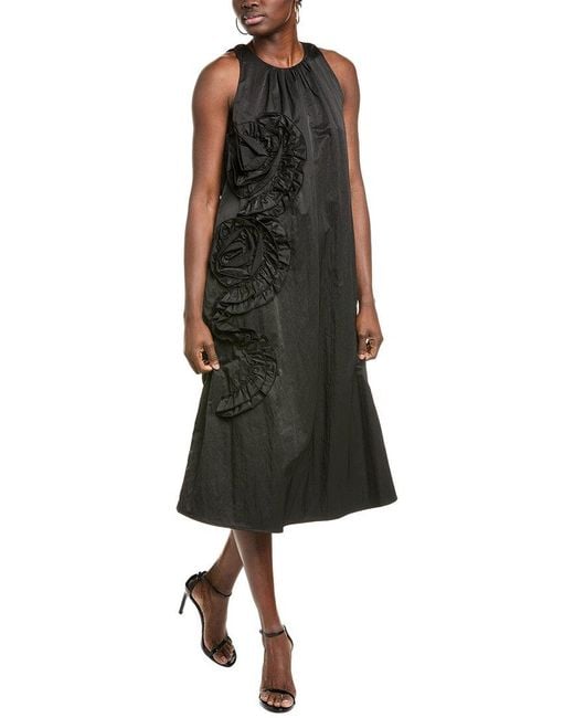 Gracia Black Ruffle Flower Applique Midi Dress