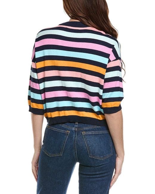Hannah Rose Blue Multi Stripe Elbow Sleeve Cashmere-Blend Sweater