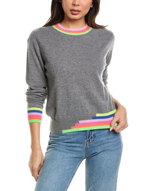 Brodie Cashmere Gray Multicolored Trim Crewneck Cashmere Sweater
