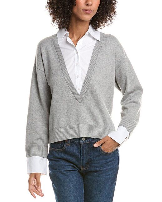 10 Crosby Derek Lam Gray Rida Mixed Media Cashmere-Blend Sweater