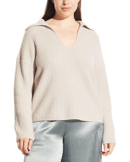 Vince Natural Plus V-Neck Collared Wool & Cashmere-Blend Pullover