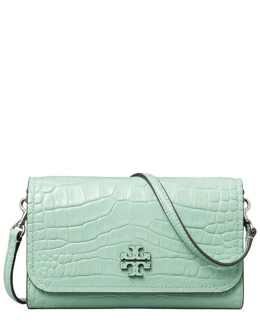 Tory Burch Green Thea Embossed Flat Leather Chain Wallet