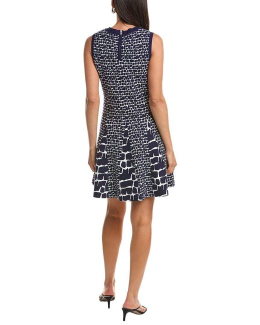 MILLY Blue Tile Wave Jacquard Knit Mini Flare Dress