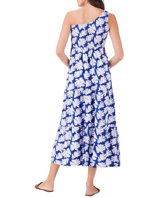 NIC+ZOE Blue Shadow Palm One Shoulder Smocked Dress