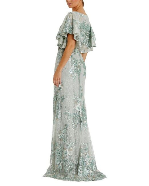 Mac Duggal Green Embroidered Flutter Sleeve Trumpet Gown