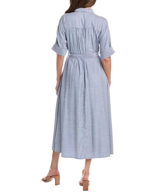 Max Studio Blue Arge Roll Sleeve Button Front Belted Shirtdress