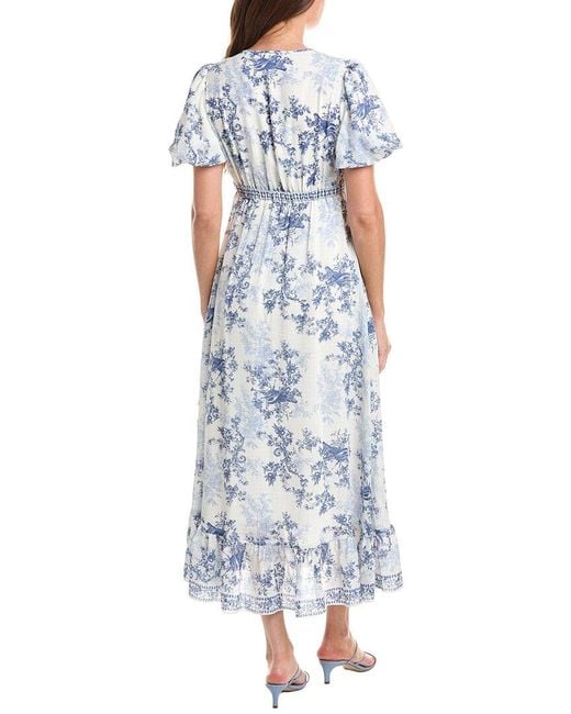 Max Studio Blue Bubble Sleeve V-Neck Empire Waist Midi Dress