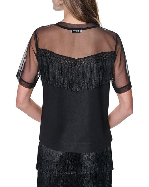 DKNY Black Mesh Fringe Shirt