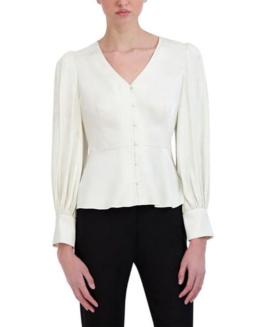 BCBGMAXAZRIA White Jacquard V-Neck Bishop Sleeve Peplum Top