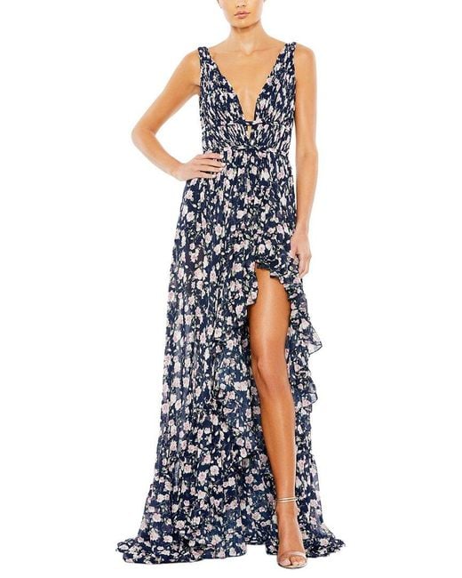 Mac Duggal Blue Floral Print Sleeveless Ruffled High Low Gown