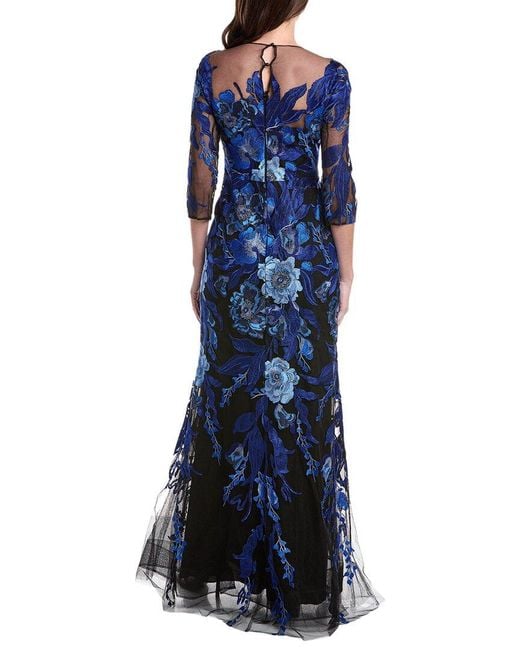Teri Jon Blue Embroidered Tulle Floral 3/4 Sleeve Gown