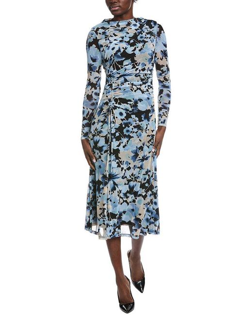 Anne Klein Blue Ruched Mesh Midi Dress