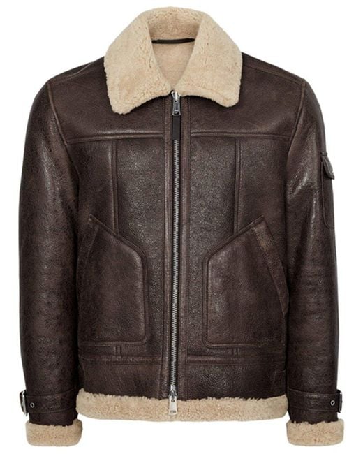 Reiss Black Castle Shearling Flight Leather Jacket for men