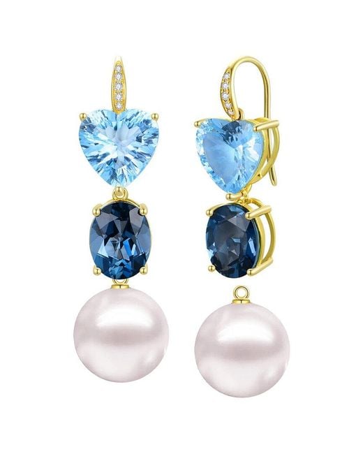 Kai Fine Jewelry Blue 14K 16.25 Ct. Tw. Diamond & Topaz & 12-13Mm Pearl Drop Earrings