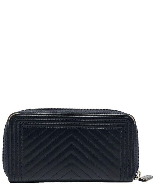 Chanel Blue Leather Single Flap Chevron Boy Zip Around Wallet (Authentic Pre-Owned)