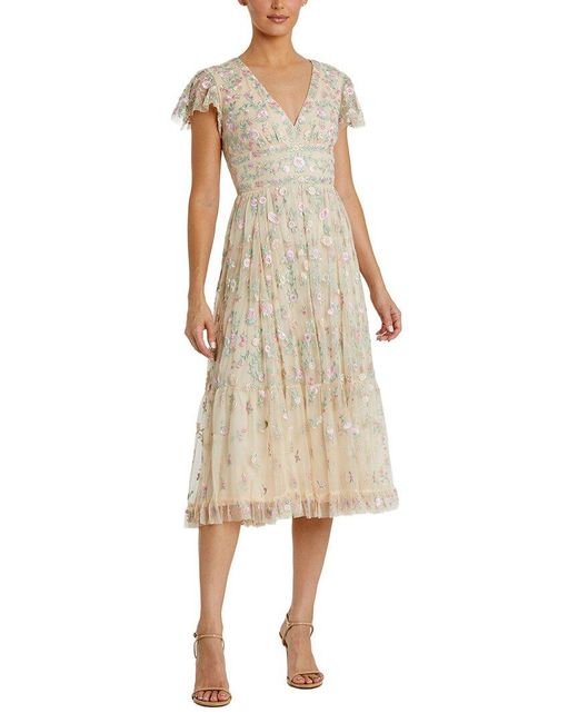 Mac Duggal Natural Embroidered V Neck Cap Sleeve Midi Dress