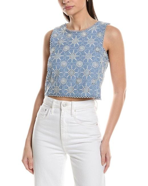 Ellen Tracy Blue Voile Embroidery Top