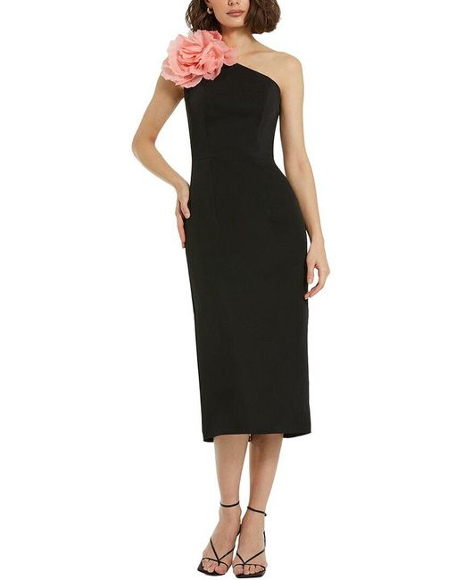 Mac Duggal Black Dnu Crepe One Shoulder Midi Dress With Flower