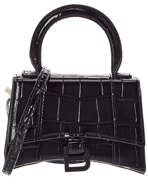 Balenciaga Black Hourglass Mini Croc-Embossed Leather Shoulder Bag