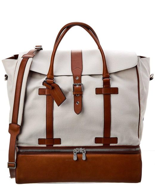 Brunello Cucinelli Brown Two-tone Canvas & Leather Travel Luggage Duffel Bag for men