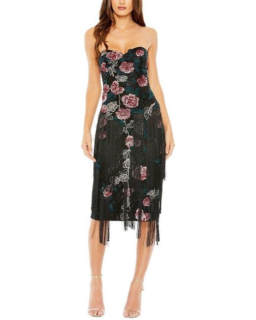Mac Duggal Black Floral-Embossed Fringed Strapless Midi Dress