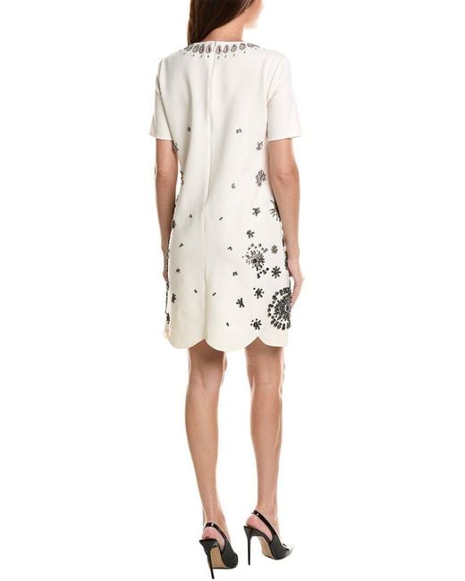 Oscar de la Renta White Embellished Stretch Silk-Lined Wool-Blend Shift Dress