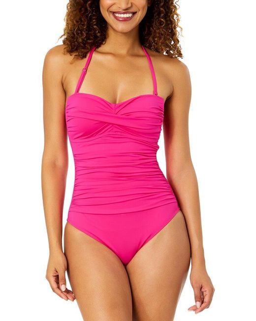 Anne Cole Pink Twist Front Shirred Bandeau One-Piece