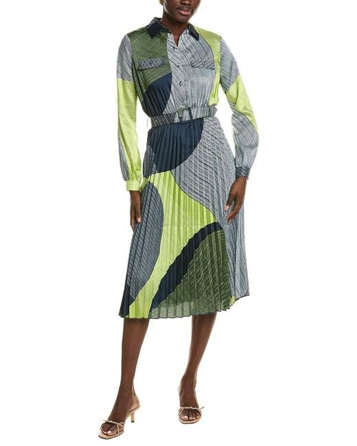Tahari Green Half Placket Button Down Midi Dress