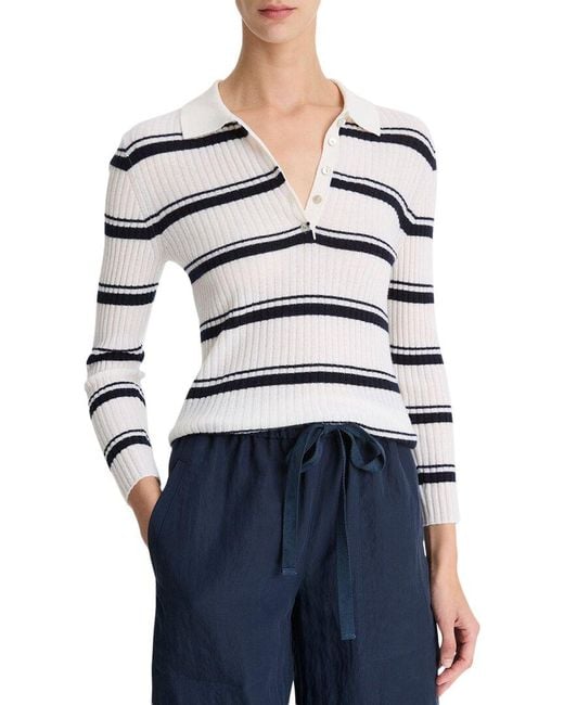 Vince Blue Cashmere & Mulberry Silk-Blend Stripe Polo