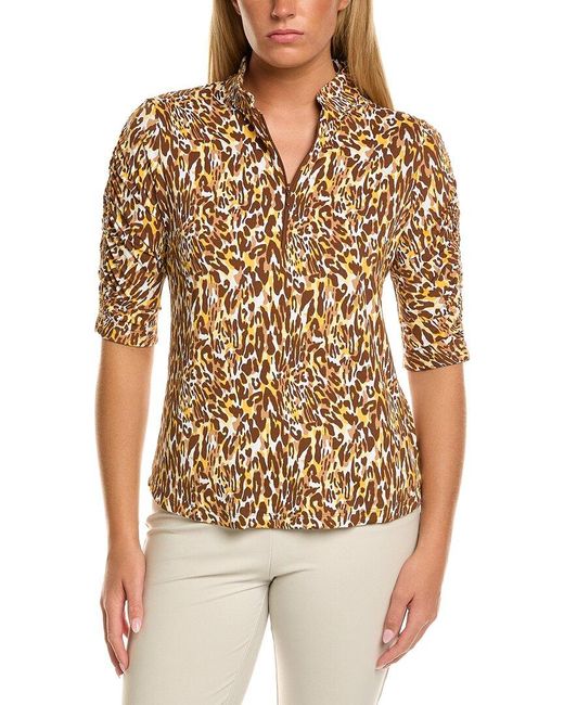 IBKUL Blue Ruched Elbow-Sleeve Polo Top