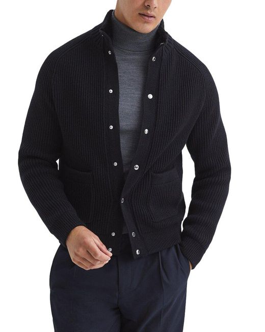 Reiss Blue Snug Wool-Blend Cardigan for men