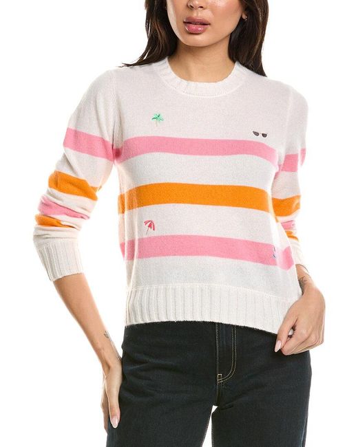Brodie Cashmere White Beach Embroidery Crewneck Cashmere Sweater