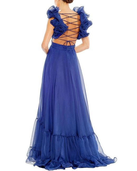 Mac Duggal Blue Ruffle Tiered Cut-Out Chiffon Gown