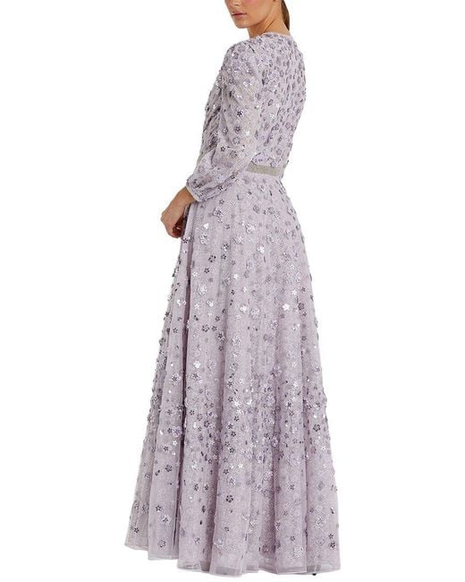 Mac Duggal Purple Floral Beaded Mesh Puff Sleeve A Line Gown