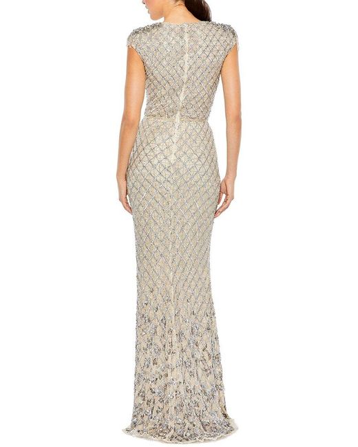 Mac Duggal White Embellished Crystal Cap Sleeve Column Gown
