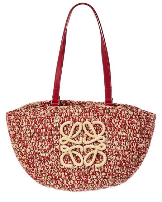 Loewe Red Dnu Inv Logo Raffia & Leather Tote