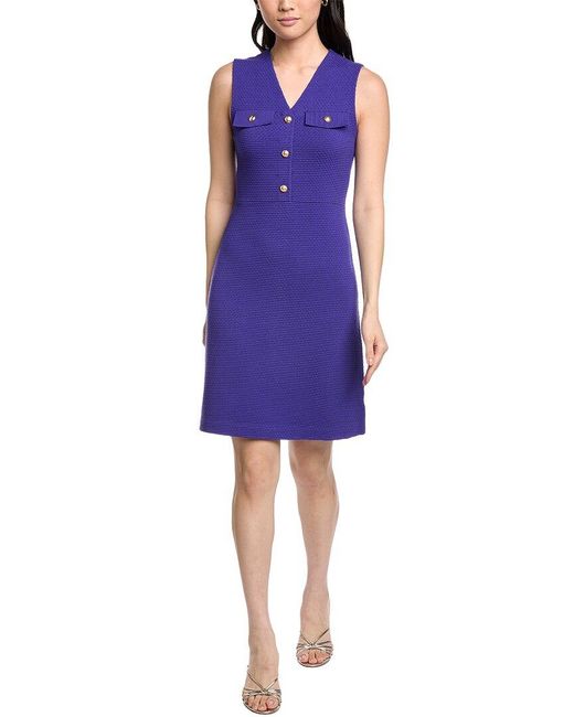 St. John Blue V-Neck Fit N Flare Knit Dress