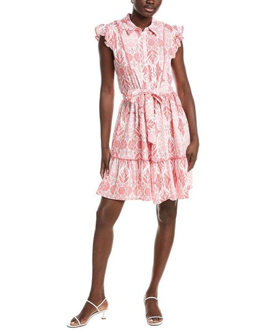 Ellen Tracy Pink Crinkle Belted Ruffle Sleeve Dress