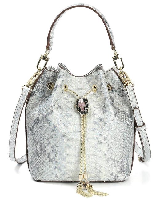 Tiffany & Fred Paris White Snake-Embossed Leather Bucket Bag