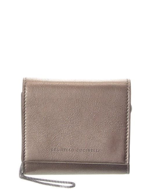 Brunello Cucinelli Gray Leather Wallet On Chain