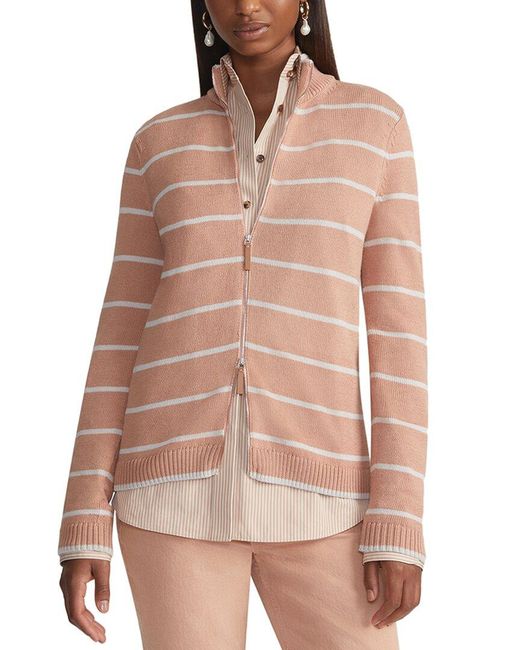 Lafayette 148 New York Pink Bomber Stripe Zip Cardigan
