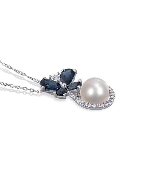 Pearls White 10k 1.55 Ct. Tw. Diamond & Gemstone 7.5-8mm Pearl Drop Necklace